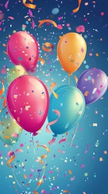 Vibrant Balloons with Confetti Against Blue Gradient Background.