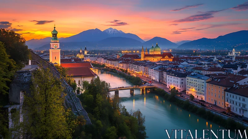 Central European river city at dusk with mountains visible.