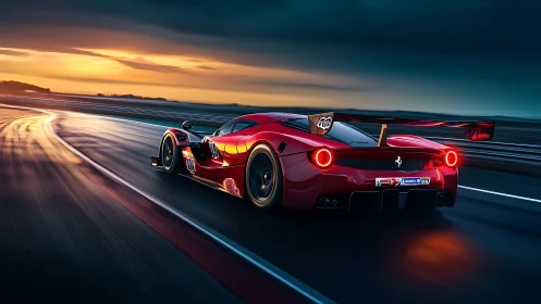 Sunset sprint with a crimson race car on slick asphalt.