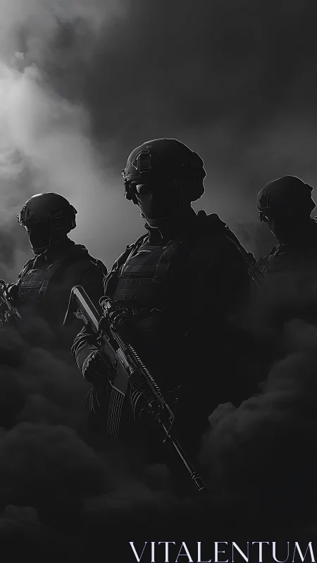 Photorealistic tactical squad in high-contrast chiaroscuro composition.