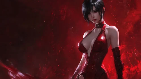 Crimson clad heroine stands bold in a storm of red light