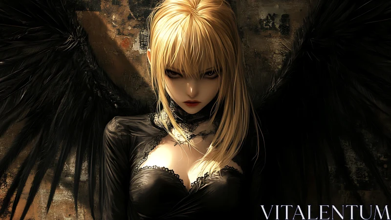 Dark winged woman stares forward under harsh side light