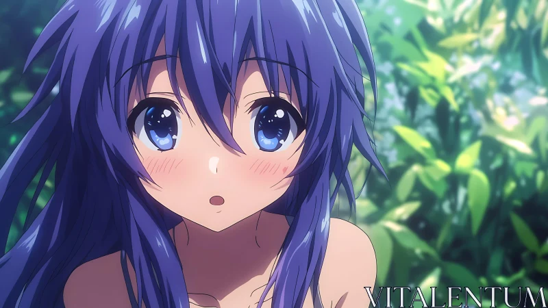 Blue haired anime girl close up in soft forest setting.