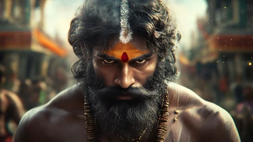 Intense bearded man with tilak in crowded street scene.