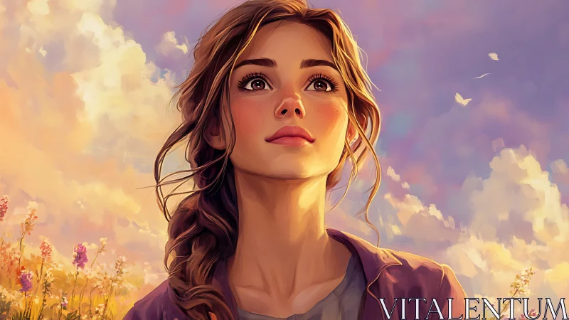 Sunlit portrait of young woman in luminous pastoral sky