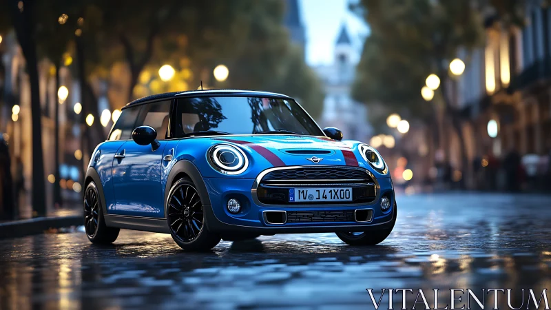Blue city mini cooper glows on a rain-slick evening street.