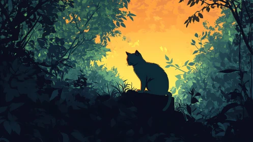 Silhouetted Cat at Dusk in Forest Canopy.