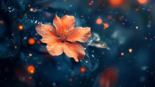 Orange flower with water droplets against dark teal bokeh background