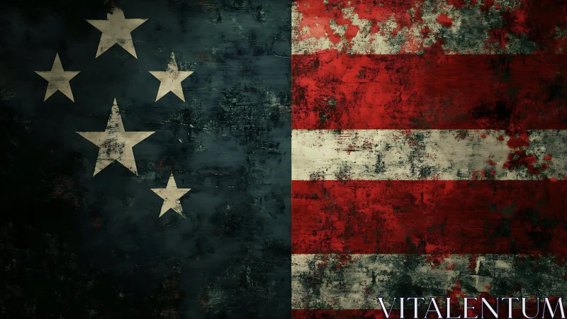 Weathered flag art with bold stars and rustic stripes.