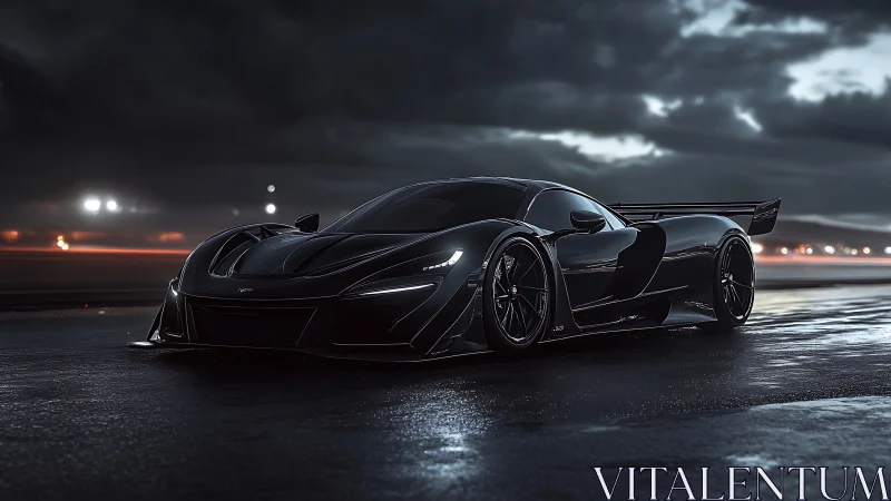 Midnight black supercar glowing softly on a rain kissed road.