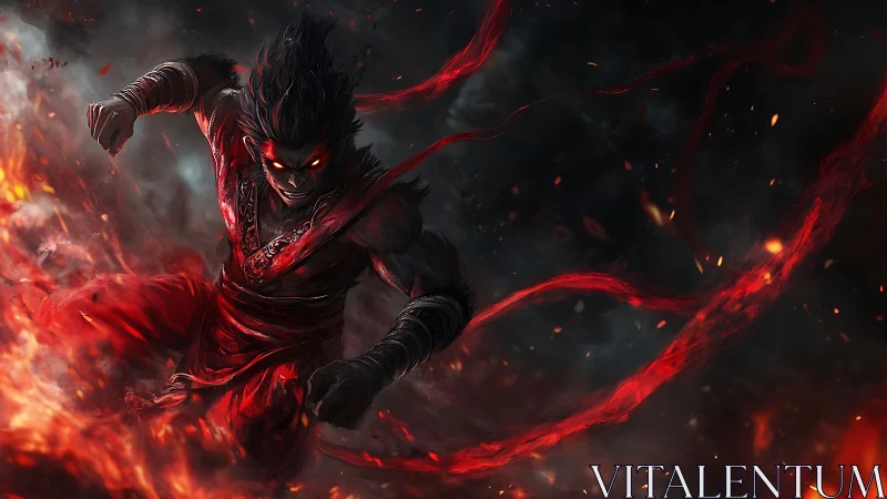 Demonic warrior charges through flames in dynamic red motion