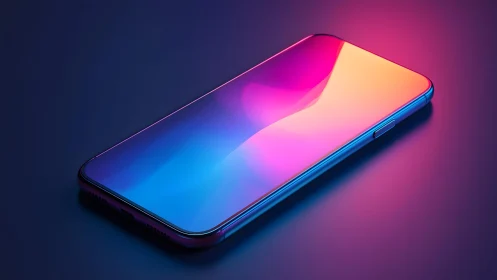 Modern smartphone with vibrant gradient screen in neon lighting.