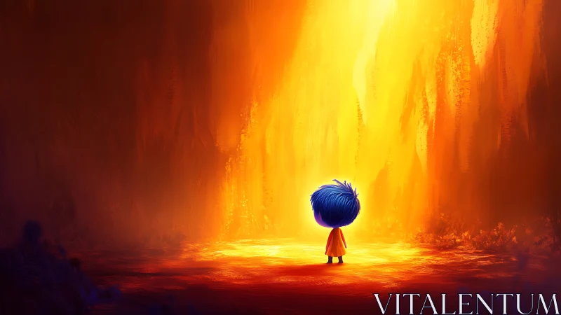 Small figure stands before vertical field of intense light