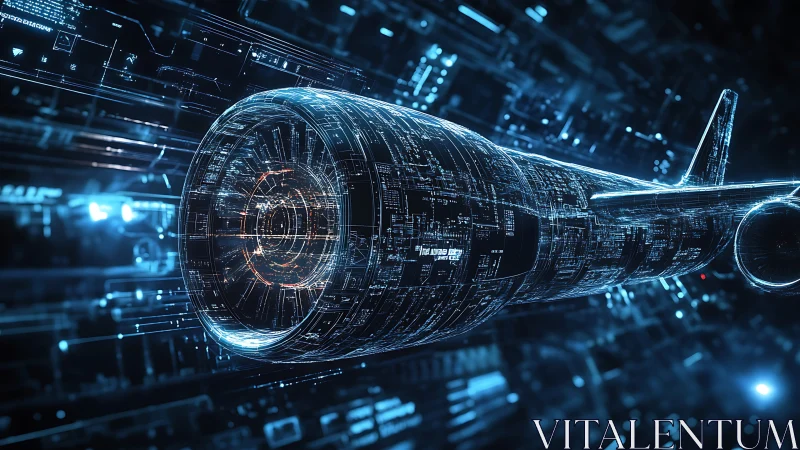 Futuristic jet engine rendered as luminous digital blueprint.