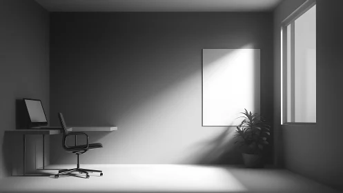 Sunlit minimalist office corner where shadows quietly compose.