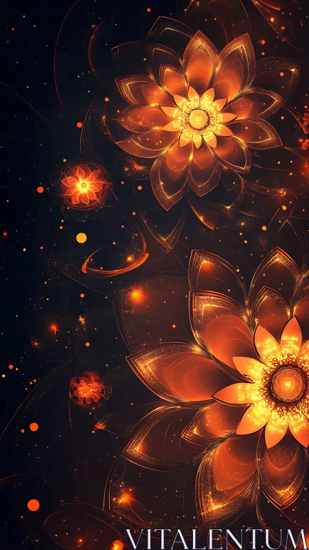 Glowing orange fractal flowers on deep black background.