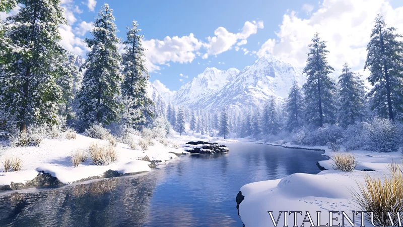 Snow covered conifer forest surrounds a reflective river