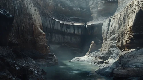 Rock canyon walls enclose narrow river under diffuse light