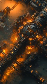 Massive orbital space station engulfed in explosive fire