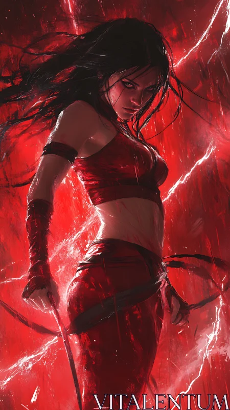Female figure stands in dynamic red-lit digital environment