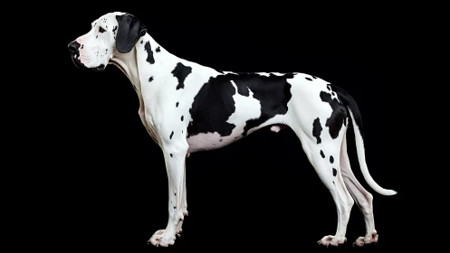 Harlequin Great Dane standing in profile on black background.