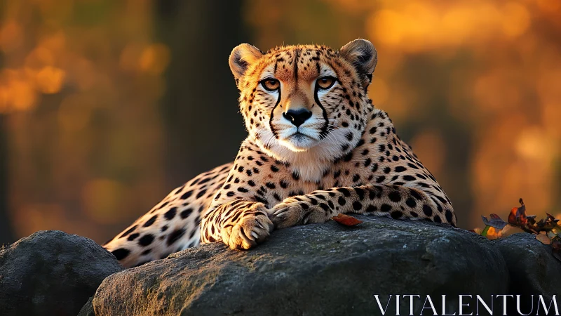 Cheetah resting on stone surface with amber bokeh background.