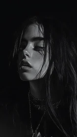 Dark monochrome portrait captures a freckled girl in quiet resolve