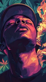 Neon vapor portrait with cannabis foliage in digital painting.