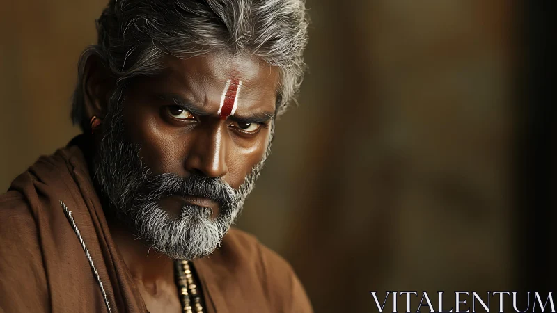 Intense ascetic portrait with hyperreal skin and textile detail.