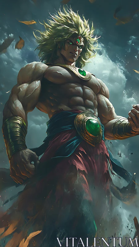 Mythic warrior towers under stormlit swirling clouds