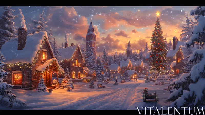 Snow-covered village displays lit houses and decorated tree