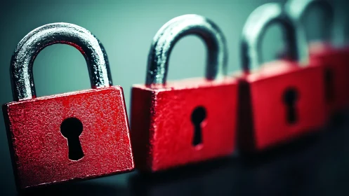 Macro depth-of-field study of aligned red steel padlocks.