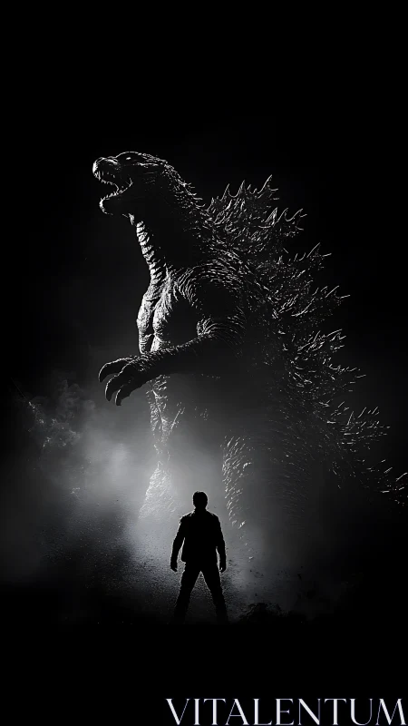 Monochrome kaiju confrontation in cinematic silhouette lighting.