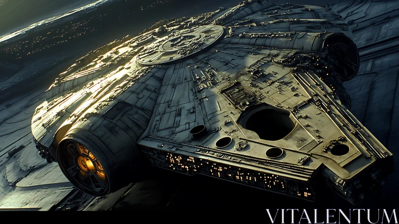 Weathered starship gliding into a golden galactic horizon.