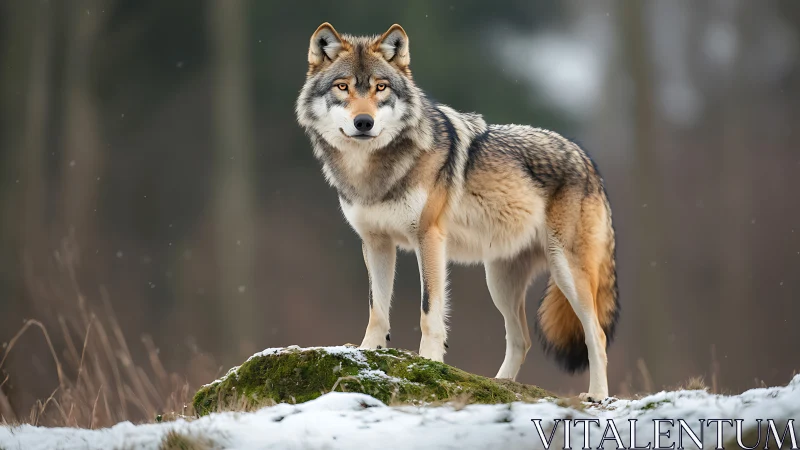 Grey wolf stands alert on mossy rock in winter forest.