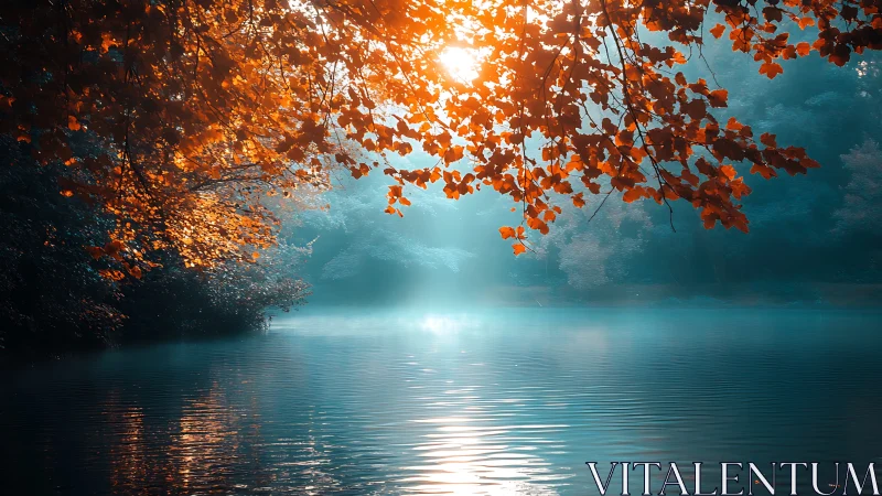 Sunlit autumn foliage over calm blue misty lake water
