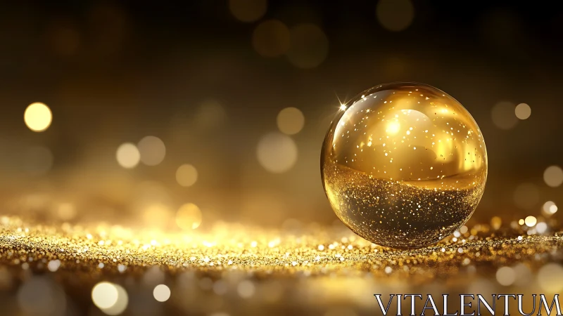 Golden crystal sphere rests on shimmering glitter field.
