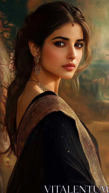 Digital portrait depicts woman in traditional attire in profile