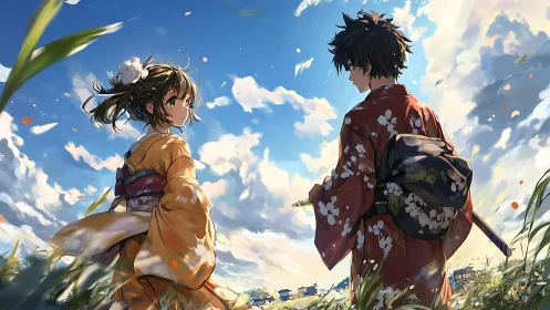 Two friends in kimono sharing a quiet skylit moment together.