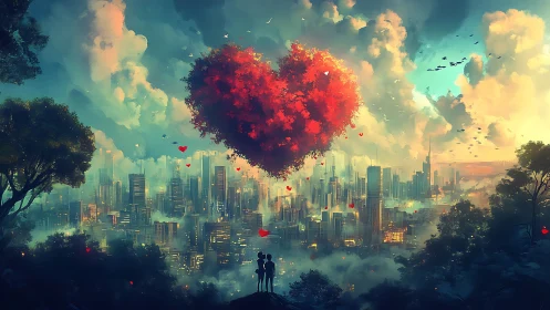 Massive crimson heart suspended above neon-lit cityscape with golden clouds.