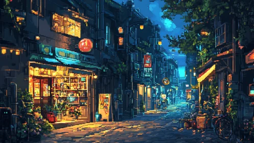 Pixel art nocturne of neon-lit alleyway with warm storefronts.