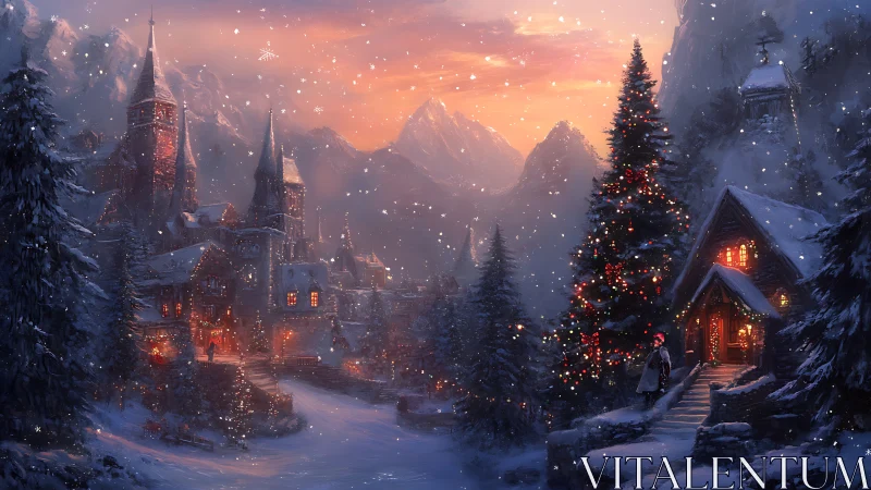 Snowlit alpine village under glowing Christmas twilight.