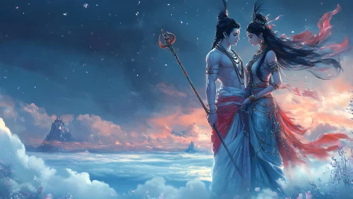 Divine lovers poised above ethereal ocean at sunrise.