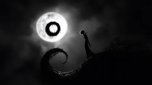 Lunar backlit silhouette on twisted nocturnal ridge geometry.