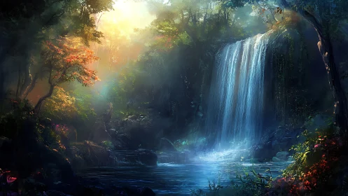 Enchanted Waterfall Cascade in Sunlit Forest Sanctuary.