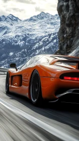 Orange supercar cuts alpine pass with dynamic motion blur.
