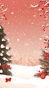 Vertical festive winter landscape with stylized evergreens.