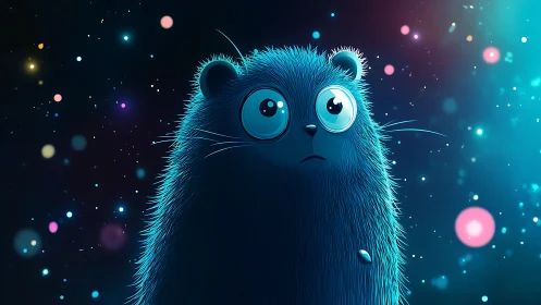 Wide-eyed blue creature gazes into a dreamy neon cosmos