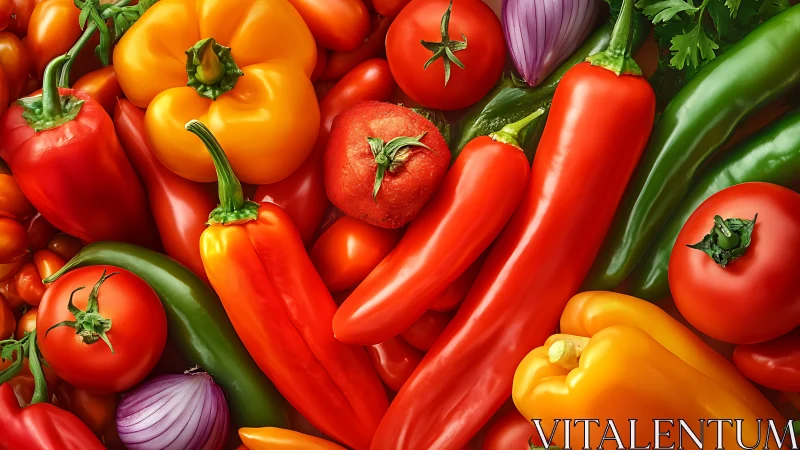 Photorealistic array of peppers and tomatoes in dense composition.