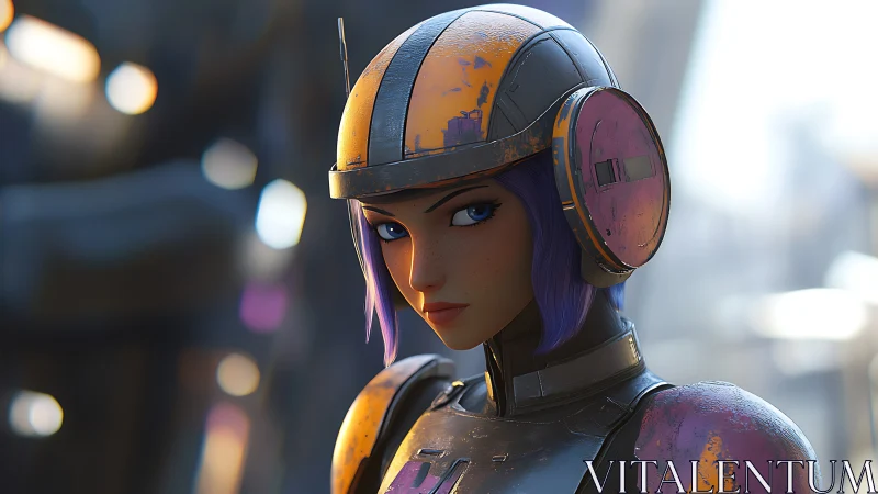 Female sci-fi soldier in worn helmet observes city environment